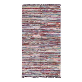 Large Colorful American Braided Rug With Horizontal Stripes and Fringe Detail For Sale