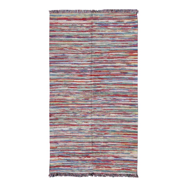 Large Colorful American Braided Rug With Horizontal Stripes and Fringe Detail For Sale