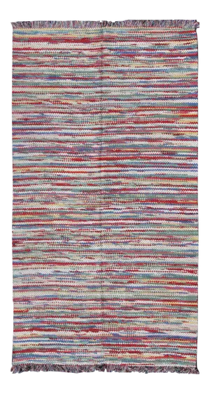 Large Colorful American Braided Rug With Horizontal Stripes and Fringe Detail
