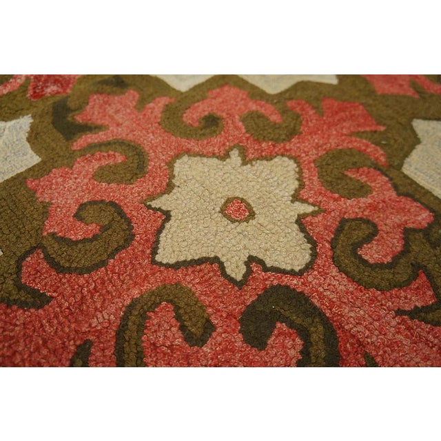 Beige 1900s Beige Geometric Folk Art Antique American Hooked Rug 5' 7'' X5' 7'' Woven Carpet For Sale - Image 8 of 11