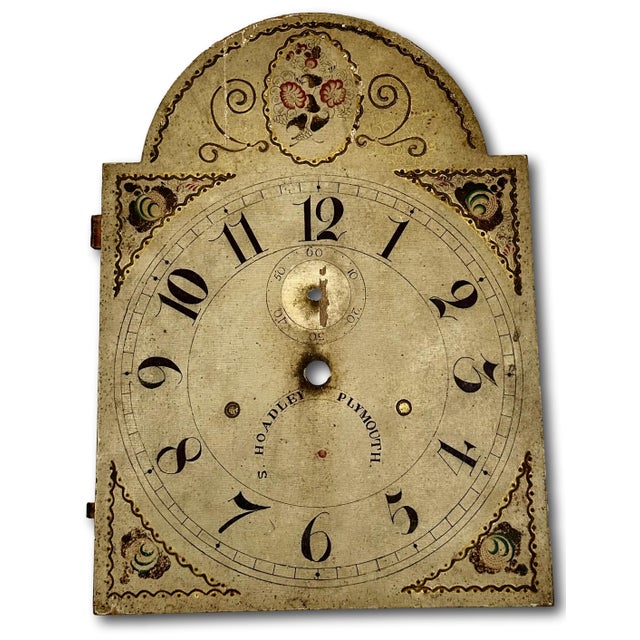 Early 19th Century Antique American Hand Painted Wood Grandfather Clock Dial by Connecticut Maker Silas Hoadley - Circa Very Early 1800s For Sale - Image 5 of 18