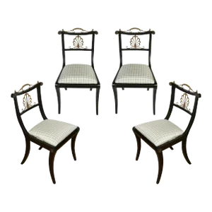 Set of Four Regency Style Ebony Side Chairs With Newly Upholstered Silk Check Cushions
