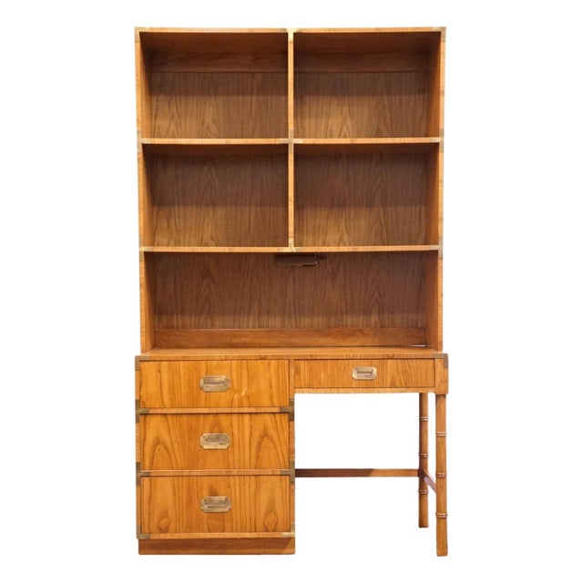 Dixie Furniture Campaigner Collection Walnut 46" Student Writing Desk W. Bookcase Hutch Top 767-532 / 767-543 For Sale