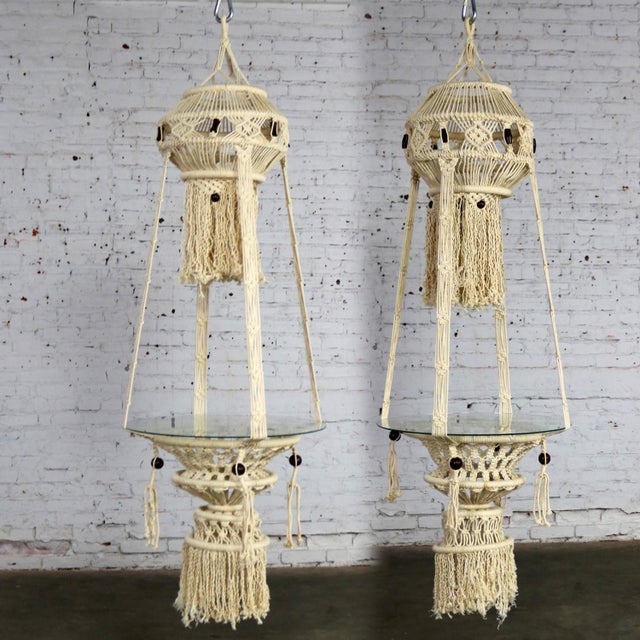 Vintage Bohemian White Macramé Hanging Tables With Round Glass Tops a