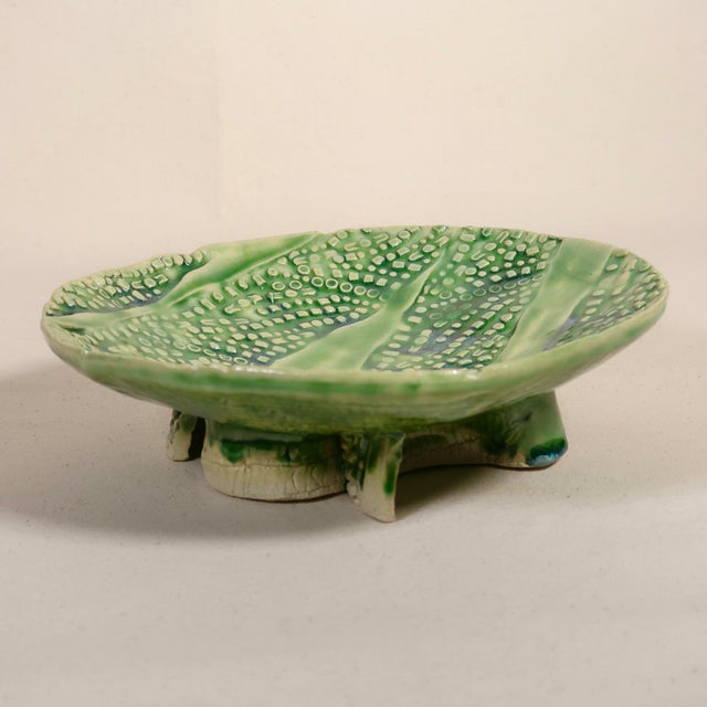 Late 20th Century Signed Wabi Sabi Studio Pottery Sculptural Green Abstract Pattern Textured Pedestal Bowl For Sale - Image 4 of 16