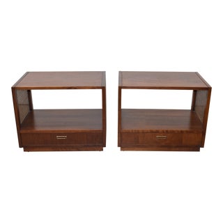 Jack Cartwright for Founders Furniture Walnut and Cane 1 Drawer Nightstands-A Pair For Sale
