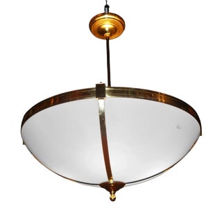 Large Mid-Century Four-Light Opaline and Polished Brass Bowl Chandelier, 1960s For Sale