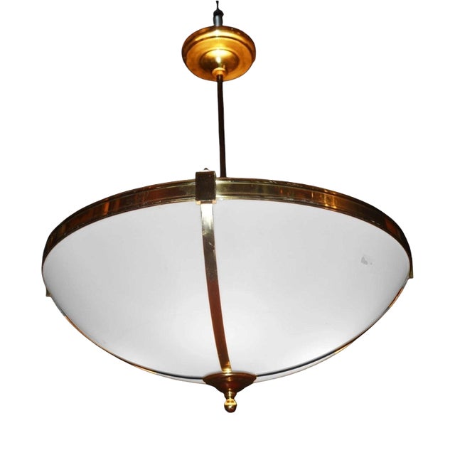 Large Mid-Century Four-Light Opaline and Polished Brass Bowl Chandelier, 1960s For Sale