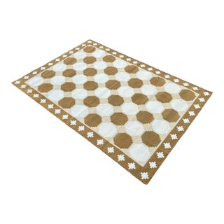 Handmade Cotton Flat Weave Area Rug, Tile Patterned Tan, Beige and Cream Dhurrie - 6'x9' For Sale