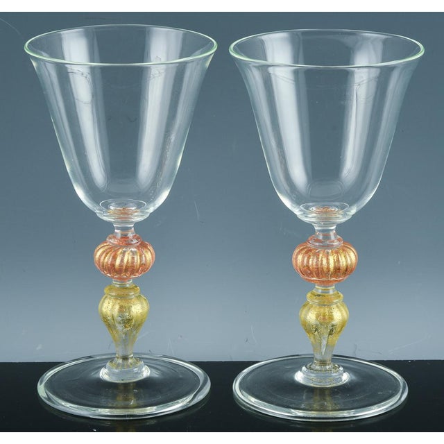Murano Vintage Murano Glass Champagne Coupes, Peach and Gold-Leaf Ribbed Stems, Set of Ten For Sale - Image 4 of 8