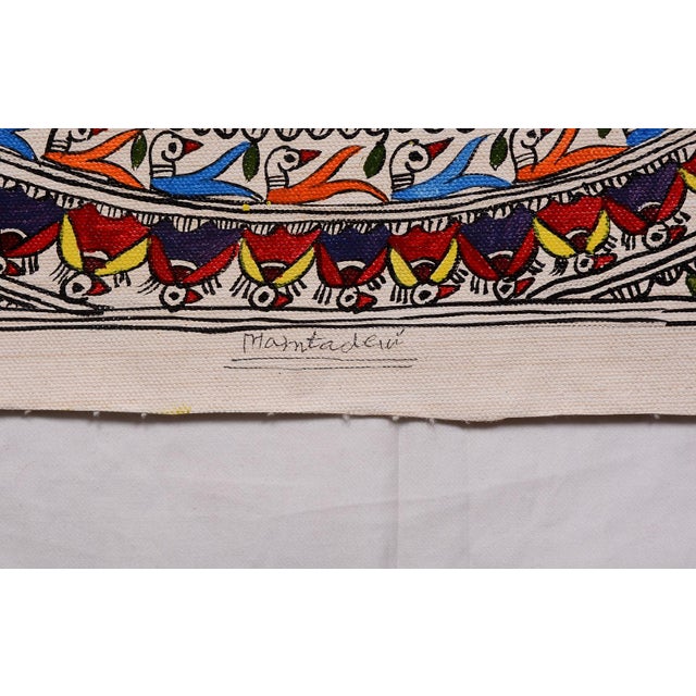 Folk Art Original Hand-Painted Madhubani Folk Art by National Award Winner Mamta Devi – Birds & Fish on Canvas For Sale - Image 3 of 4