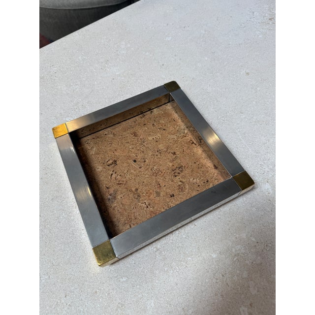 1970s Vintage Cork and Metal Tray With Brass Corner Accents For Sale - Image 5 of 7