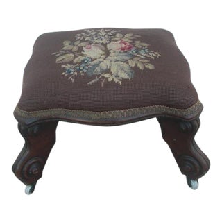Needlepoint Upholstered Victorian Footstool on Casters For Sale