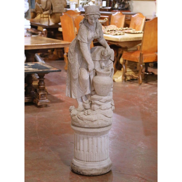Stone Mid-Century French Cast Stone Garden Figure of Woman at Well on Fluted Pedestal For Sale - Image 7 of 13