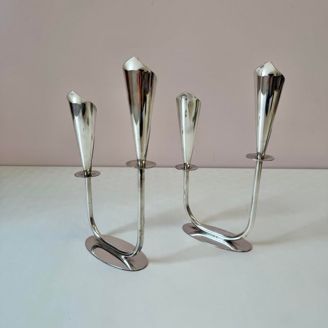 Mid-Century Modern Pair of Mid-Century Danish Silver Plated Calla Lily Candlestick Holders by Hans Jensen For Sale - Image 3 of 9