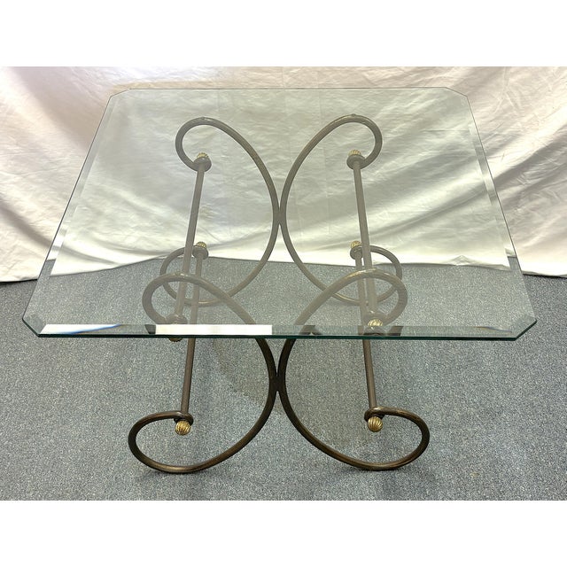 Modern Vintage Scroll Wrought Iron and Brass Square Coffee Table With Beveled Glass Top For Sale - Image 3 of 18