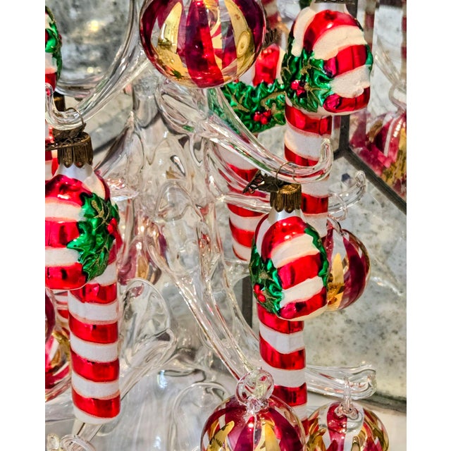 Red Vintage Neiman Marcus 2002 German Blown Glass Holly Candy Cane Christmas Ornaments, Set of 6 For Sale - Image 8 of 8