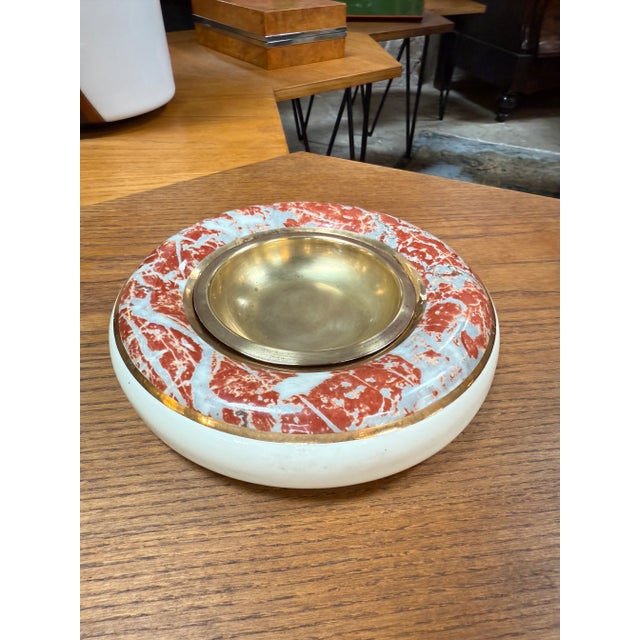 Ceramic 1970s Tommaso Barbi Ceramic and Brass Centerpiece Bowl With Red Marbleized Glaze For Sale - Image 7 of 9