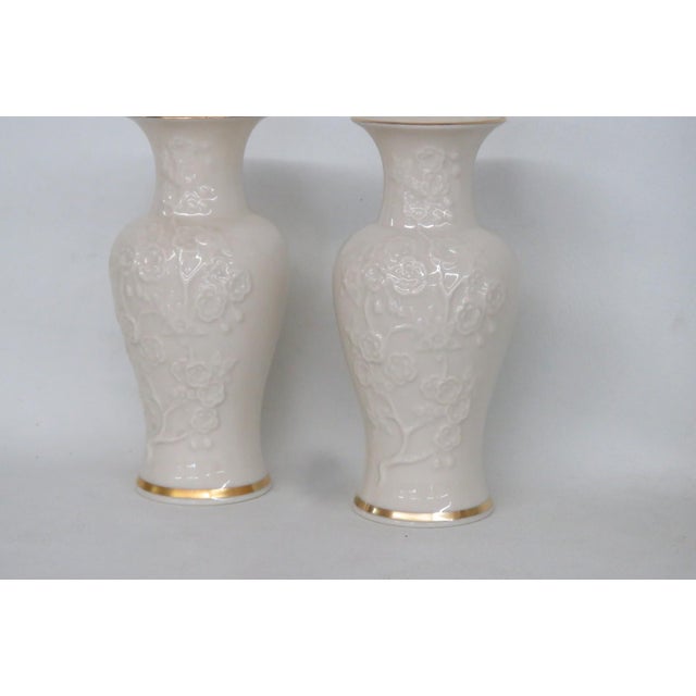 Lenox Ming Blossom Vase Pair of 2 Embossed Ivory Porcelain With Gold Trim 4930b For Sale - Image 12 of 17