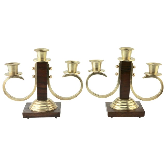 Copper Art Deco Wooden & Brass Candlesticks, 1930s, Set of 2 For Sale - Image 8 of 8