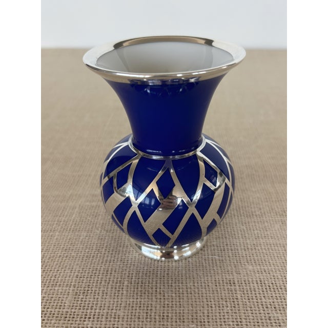 Art Deco Vintage Art Deco Weimar Porcelain Cobalt Blue Silver Overlay Small Bottle Vase For Sale - Image 3 of 9