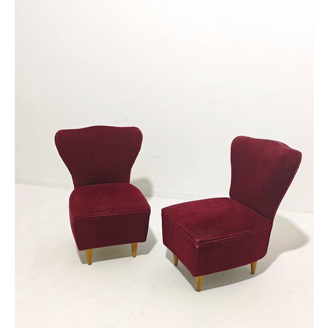 Cherry Velvet Armchairs with Wooden Legs, Italy, 1960s, Set of 2 For Sale - Image 13 of 13