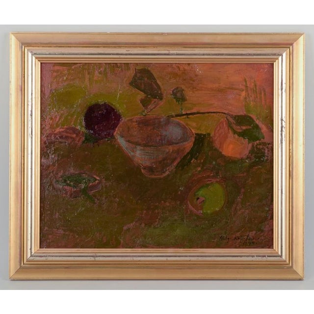 Helga kai-larsen, swedish artist. Oil on canvas. Still life with bowl and fruits. Modernist style. Signed and dated 1949....