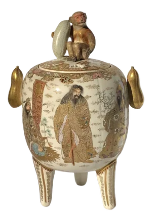 19th C. Meiji Satsuma Koro With Monkey Finial