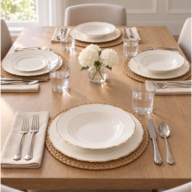 French Country Late 20th Century French Country White Bavarian Porcelain Dinnerware Set, Scalloped Gold Trim, 40 Pieces For Sale - Image 3 of 18