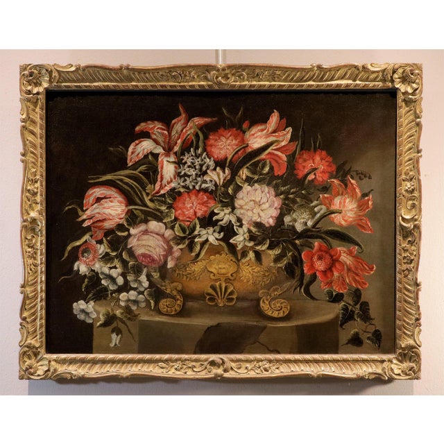 Maestro dei Vasi a Grottesche, Flower Composition in a Renaissance Vase, 17th Century, Oil Painting on Canvas, Framed For Sale - Image 15 of 15
