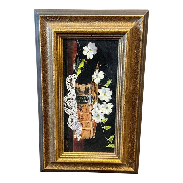 Vintage Harry Jarman Original Trompe L’oeil Still Life Oil Painting of Holy Bible and Dogwoods For Sale
