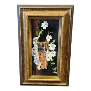 Vintage Harry Jarman Original Trompe L’oeil Still Life Oil Painting of Holy Bible and Dogwoods