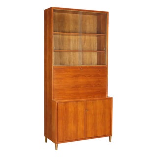 Vintage Larch Veneer, Brass and Glass Display Bookcase, 1960s For Sale