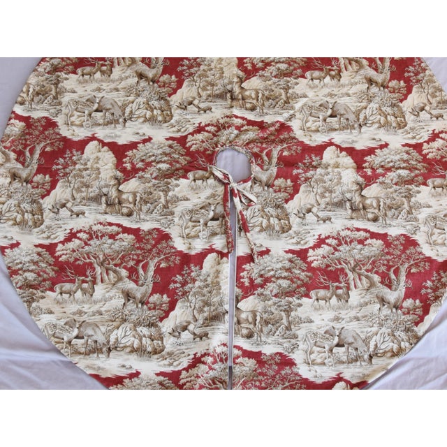 Large 53" custom-tailored Christmas tree skirt made from vintage printed cotton fabric depicting a beautiful toile deer...
