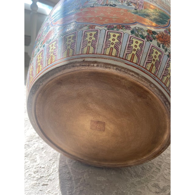 Late 20th Century Canton People Chinese Large Planter With Wooden Carved Stand For Sale - Image 12 of 13
