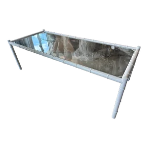Vintage Faux Bamboo Metal Newly Powder-Coated White Coffee Cocktail Table Glass