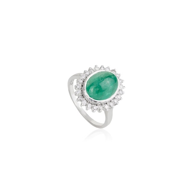 Boho Chic 8.8 Carat Emerald & Diamond Halo Silver Engagement Ring, Size 7.5 For Sale - Image 3 of 11