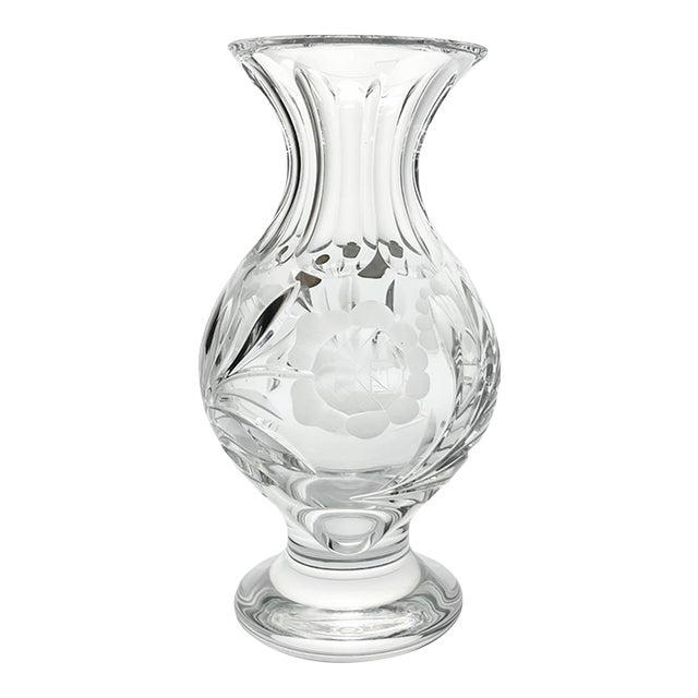 1960s Vintage Nachtmann Footed Presentation Rose Flower Etched Bleikristall Crystal Vase For Sale