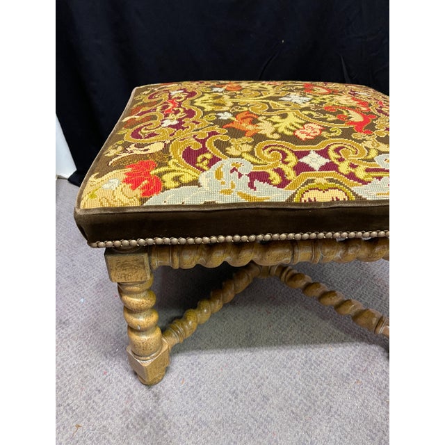 Mid-Century Modern 1970s Mid-Century Modern Barley Twist Bench With Handmade Needlepoint Cushion For Sale - Image 3 of 8