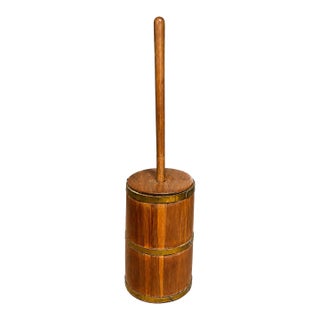 Antique Wooden Butter Churn With Original Dasher, 19th Century American Primitive, Brass-Banded Barrel For Sale