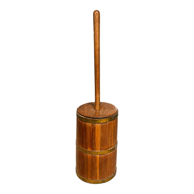 Antique Wooden Butter Churn With Original Dasher, 19th Century American Primitive, Brass-Banded Barrel For Sale
