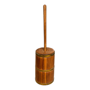 Antique Wooden Butter Churn With Original Dasher, 19th Century American Primitive, Brass-Banded Barrel