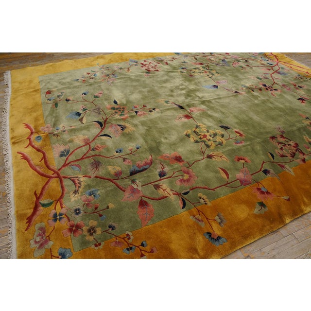 1920s Green Gold Floral Antique Chinese Art Deco Carpet by Nichols Workshop 9' X 11'6" Wool Rug For Sale In New York - Image 6 of 12