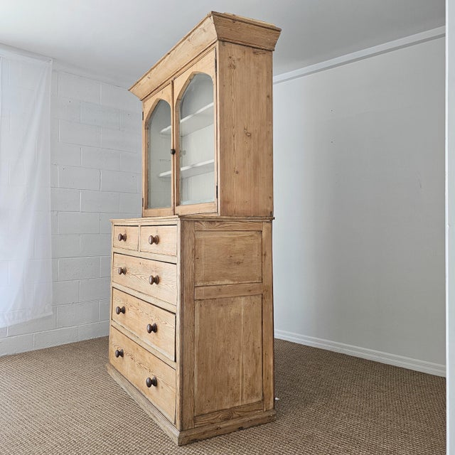 Tan Antique English Pine Glazed Dresser Display Cabinet - Circa 1880 For Sale - Image 8 of 17