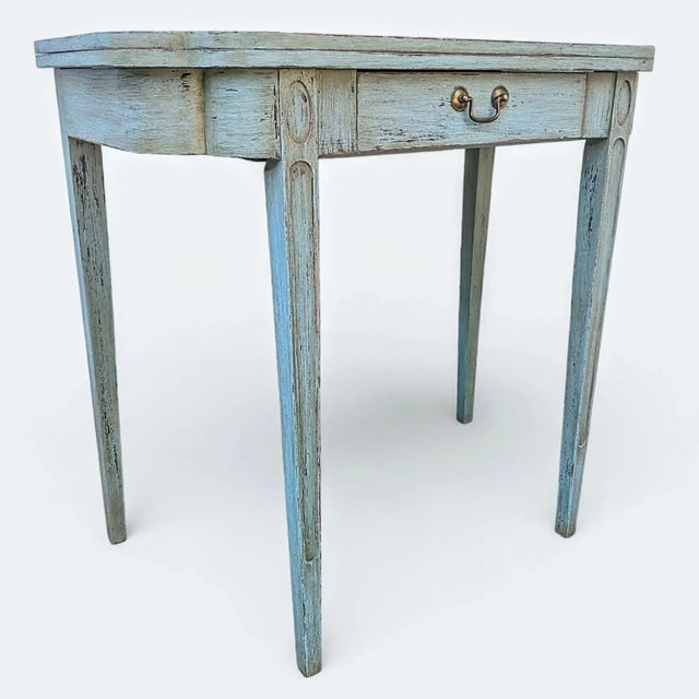 Farmhouse Vintage Swedish Gustavian Style Distressed Green Demi Lune Table For Sale - Image 3 of 17