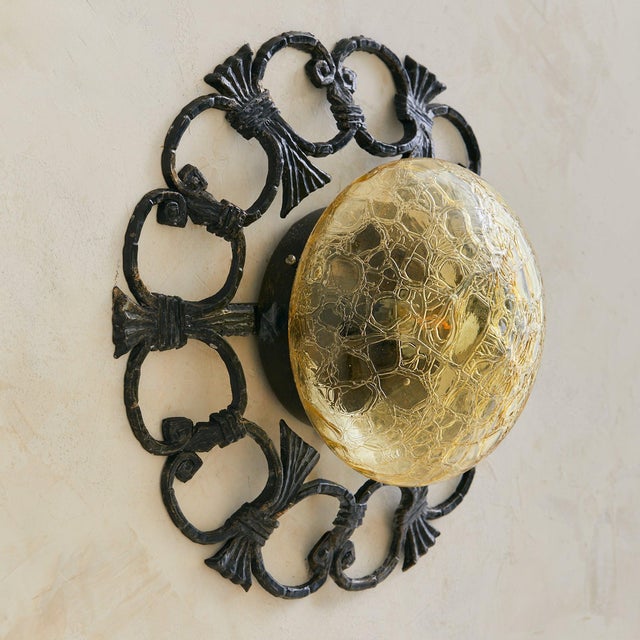Mid-Century Modern Italian Verdigris Iron + Amber Glass Sconce or Flush Mount, 1970s - 6 Available For Sale - Image 3 of 8