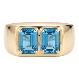 Swiss Blue Topaz Signet Ring | Double Gemstone Band December Birthstone | Vintage Style Ring Us 7 (All Sizes Available) For Sale