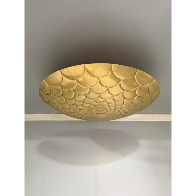 Metal Brass Flush Mount Ceiling Light | Gold Scalloped Fish Scale Style Fixture For Sale - Image 7 of 12