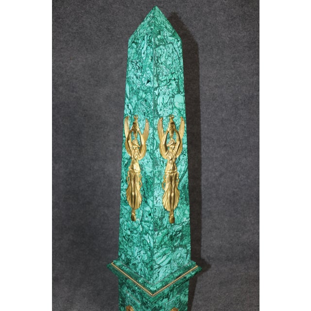 Neoclassical Palatial Pair of French Empire Style Malachite and Bronze Mounted Obelisks For Sale - Image 3 of 7