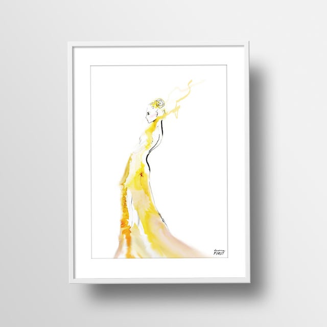 A stunning fusion of fashion and florals, 'Daffodil' by Deanna First features a graceful woman draped in a daffodil-...
